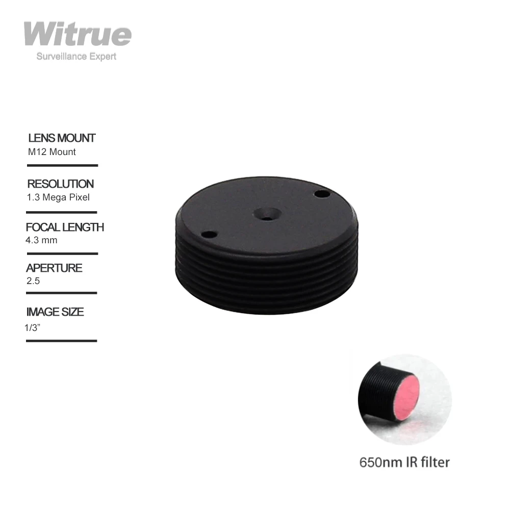 

Witrue Pinhole Lens 4.3mm M12 Mount 1.3 Megapixel 1/3" F2.5 with 650nm IR Filter for mini Camera CCTV Security Cameras