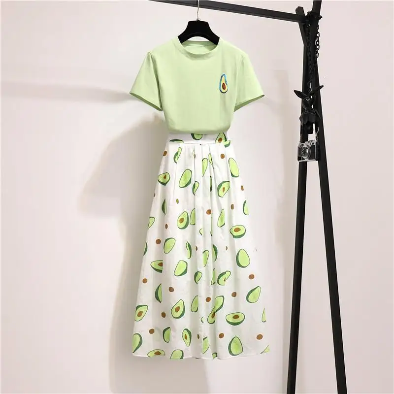 Green set Комплект из двух предметов, спортивный костюм, летняя консервативная хлопковая зеленая короткая футболка+ зеленая длинная юбка, комплекты для женщин, модные юбки, костюмы, большие размеры - Цвет: Green set