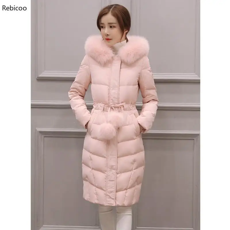 

New winter Jacket women long-sleeved hooded cotton coat women over knee length hair ball fashion Pink jacket outerwear parka