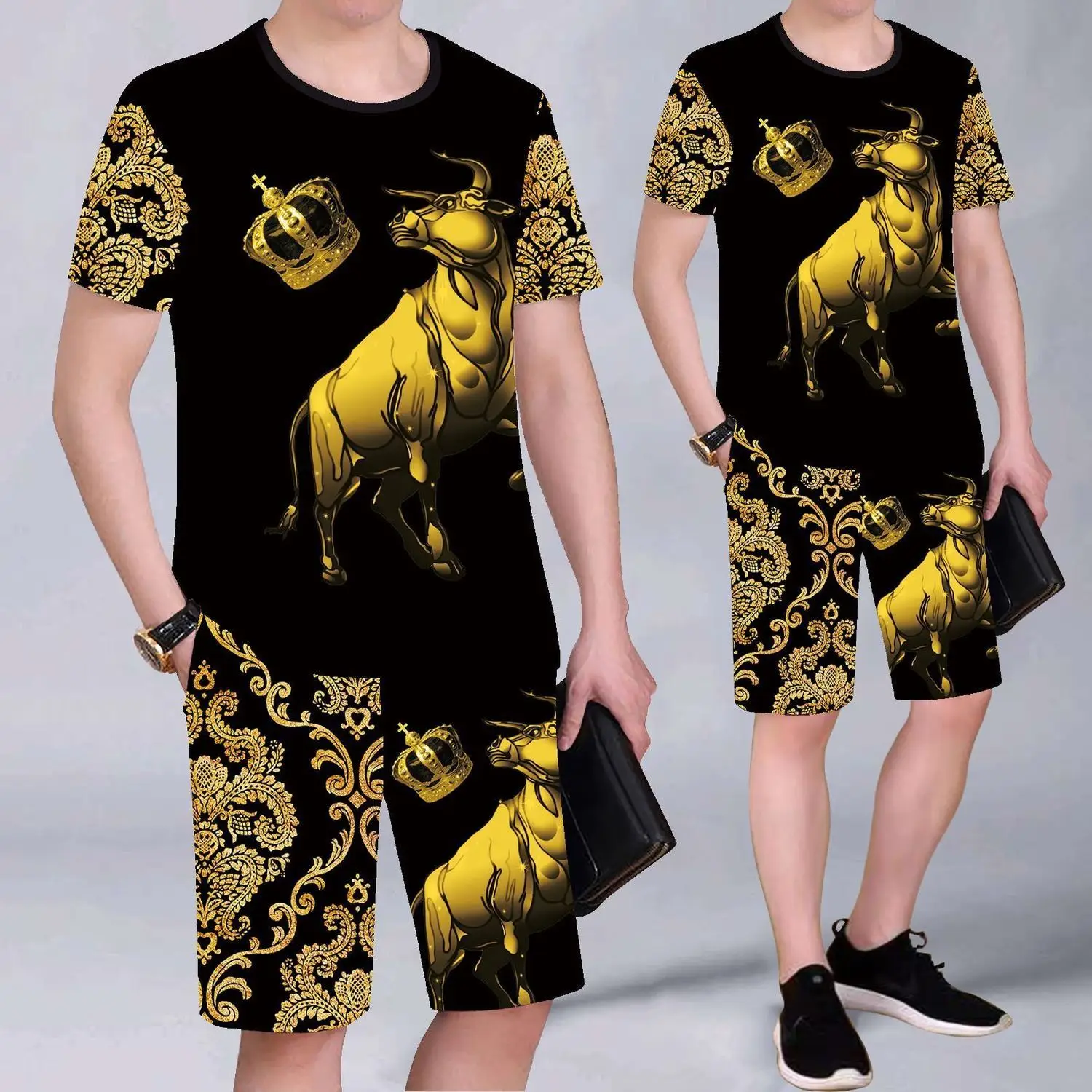 

Summer new men's casual suit ice silk printed middle-aged dad short sleeve pants handsome with two-piece set