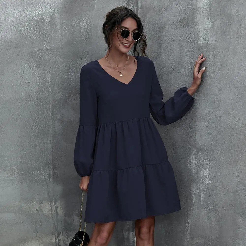 

European and American fall fashion women's fashion elegant temperament multicolor casual V-neck long-sleeved dress