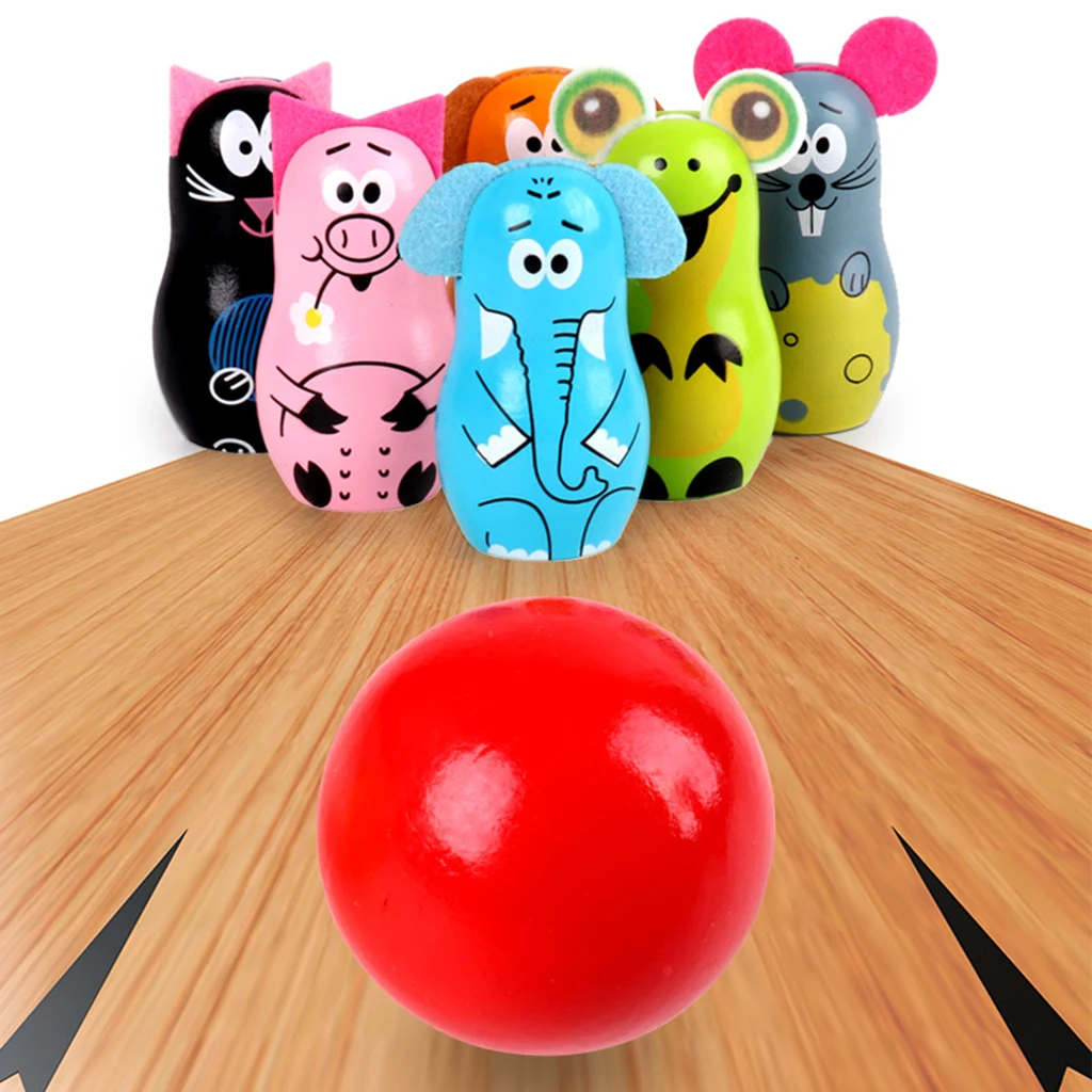 

Wooden Cartoon Animals Bowling Ball Skittles Set Desk Top Skittles Kids Toy