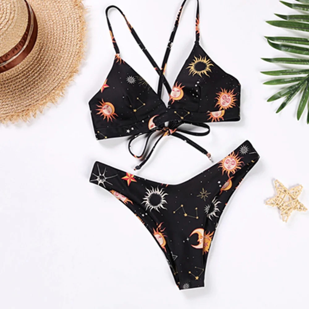 

2021 Popular Bikini Women's Bra Suit Bikini Split Swimsuit Sexy Open Back High Elastic Sunflower Print With Women's Swimsuit