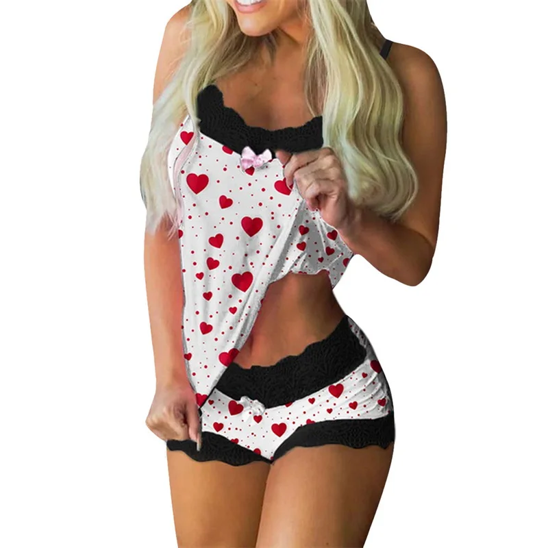

Love Print Women's Pajamas Set V-Neck Stretch Satin Babydoll Lace Sexy Lingerie Sleepwear Pajamas Home Wear Nightwear Clothing