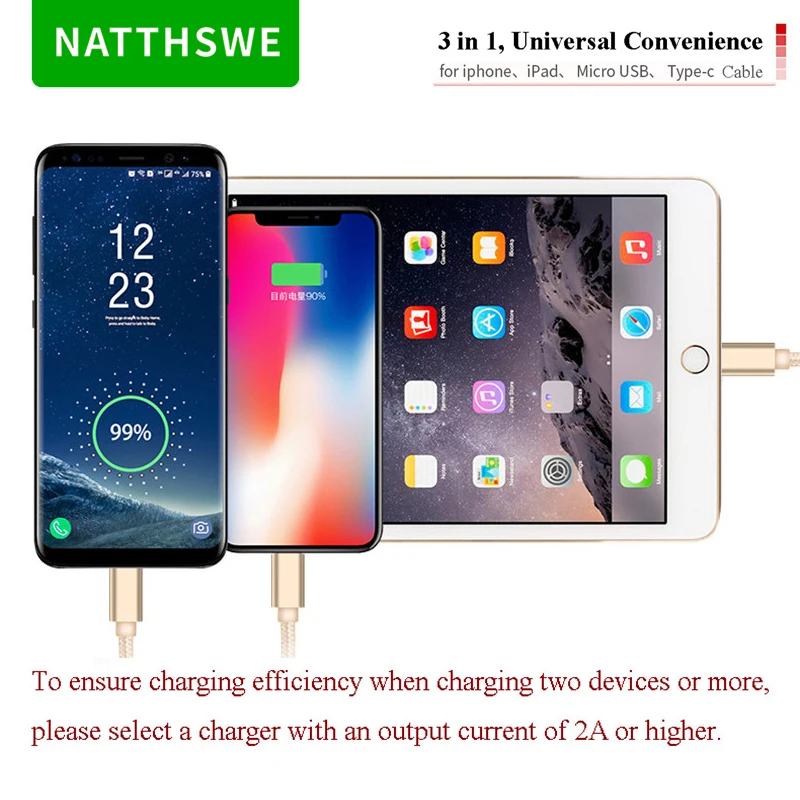 NATTHSWE 3 в 1 кабель для передачи данных Micro usb type-C кабель для быстрой зарядки для iPhone X 8 7 6 iPad samsung Android Phone