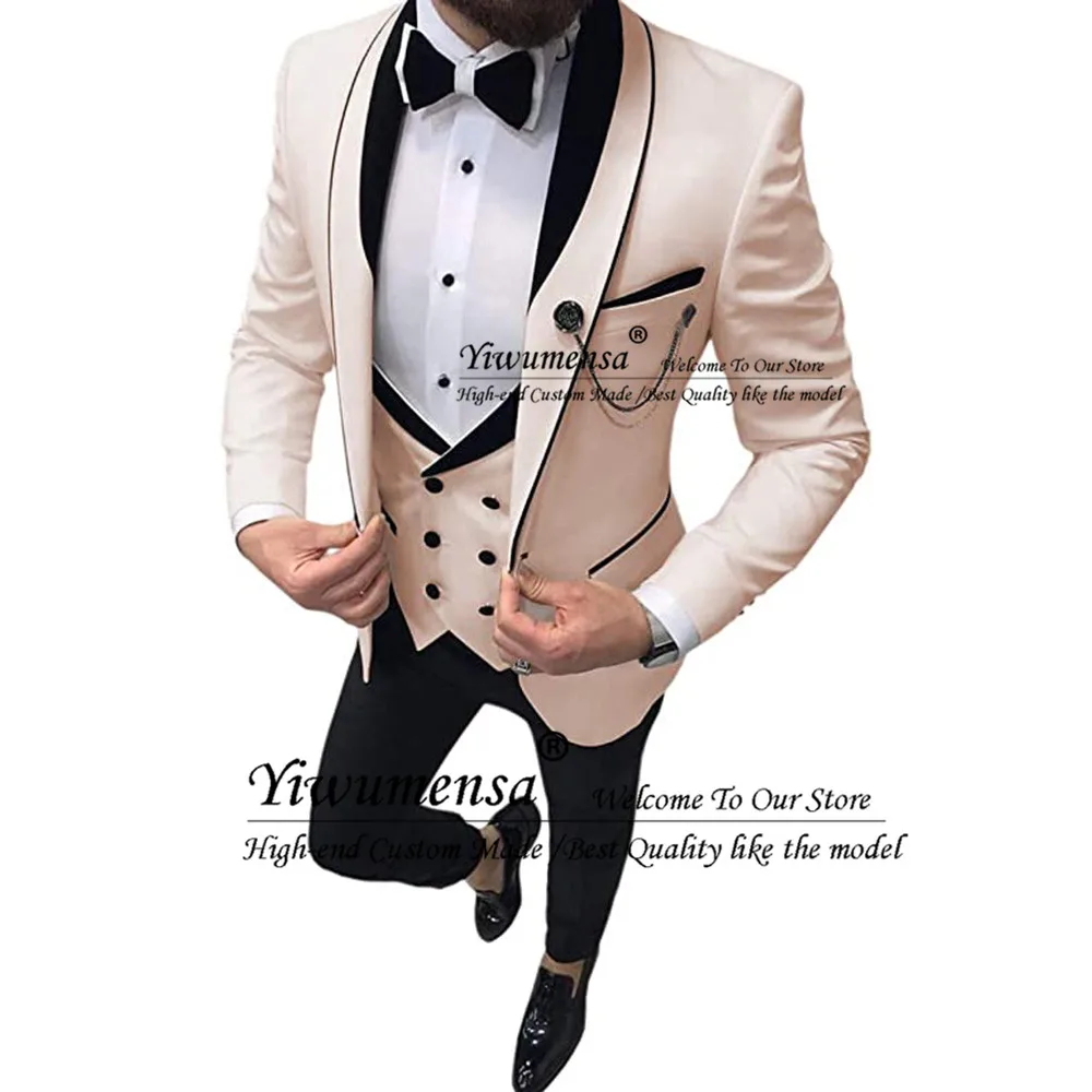 

Men's Casual Suits Slim Fit 3 Pieces Prom Tuxedos Shawl Lapel Double Breasted Vest Blazer Pants Grooms Wedding Party Gowns 2020