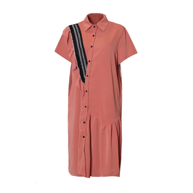 

CHICEVER Summer Casual Patchwork Ruffles Print Dress For Women Lapel Short Sleeve Button Loose Slim A-line Dresses 2020 Fashion