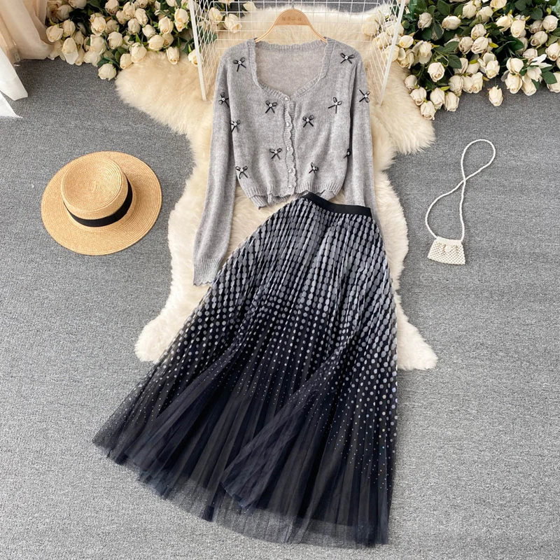 

Spring New Women Dot Mesh Gauze Maxi Skirts Sets Bow Knot Ruffles Long Sleeve Knitted Cardigan Sweater Tops Two Pieces Set Women