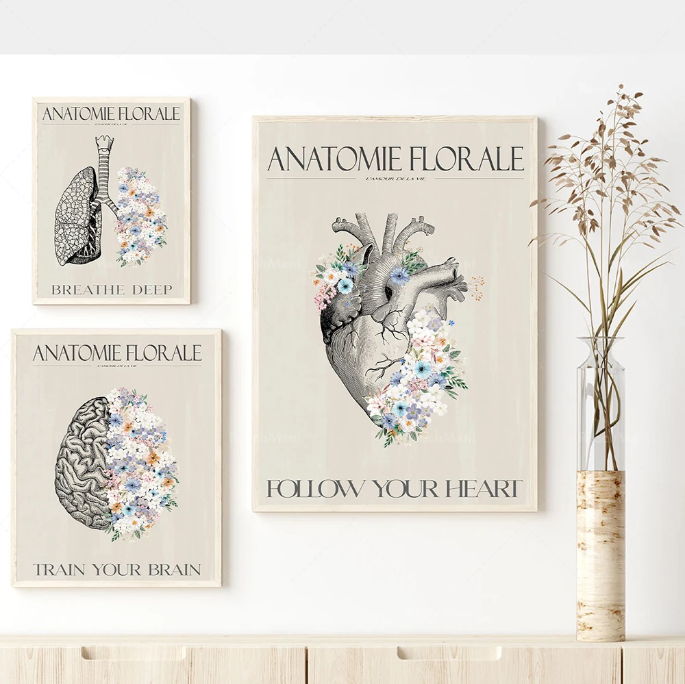 

Poster retro floral anatomy, heart, brain, lung, pastel flower, bohemian print, anatomical wall canvas painting poster modern ar