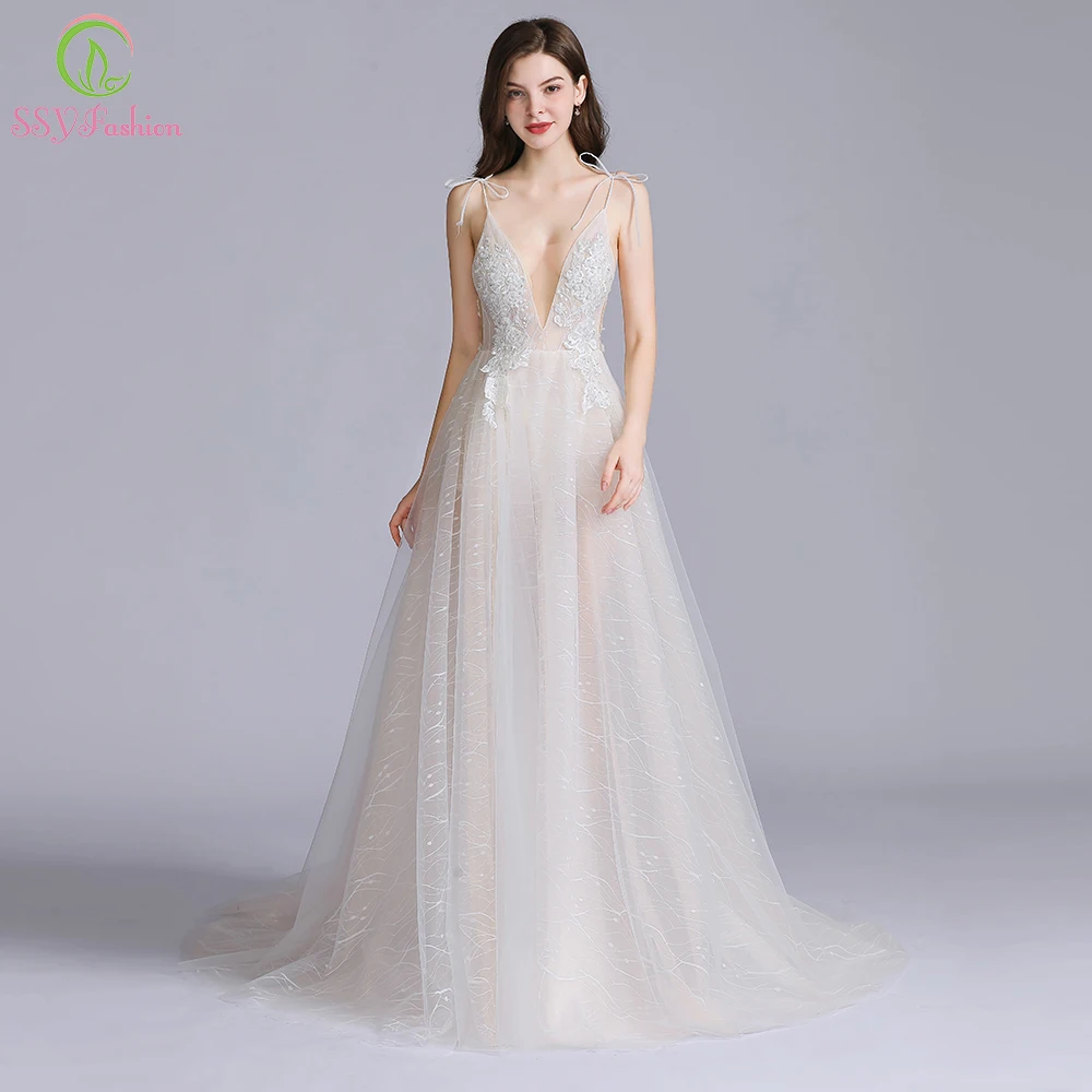 SSYFashion Новое сексуальное длинное вечернее платье с глубоким v-образным вырезом, без рукавов, с открытой спиной, кружевное, с цветочным рисунком, для пляжа, выпускного, торжественное платье, Vestido De Fiesta