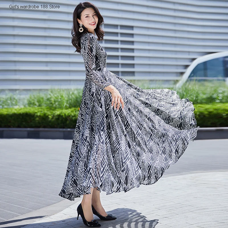 

Spring and Autumn dress women's long sleeve 2020 new round neck waist slimming temperament dress chiffon long