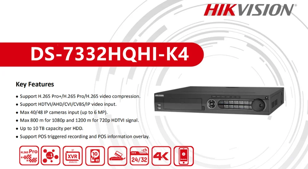 Камера видеонаблюдения Hikvision видеорегистратор с разрешением 32 каналов 1080P 1 5u H.265