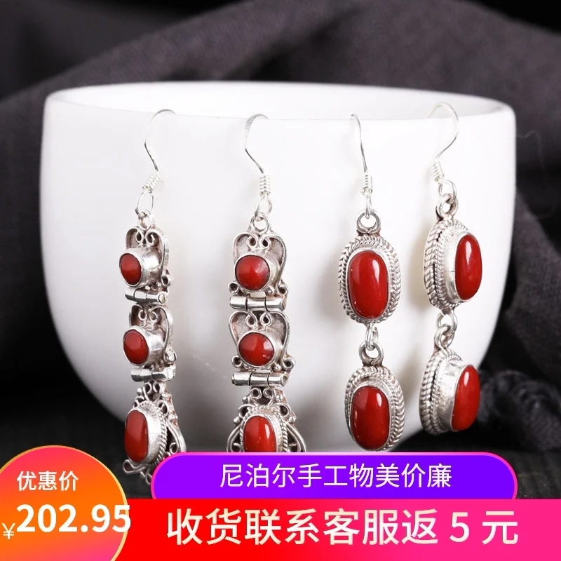 

Indian Nepal Handmade 925 Silver Accessories Gemstone Earrings Women's Long Personalized Tibetan Earrings Retro Ethnic Style