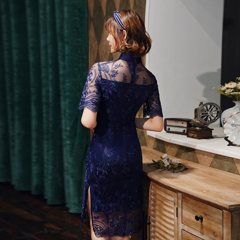

Темно-синий S-Plus 3XL 2020 китайское женское кружевное Qipao сексуальное Spilt Cheongsam воротник-стойка Новинка китайское платье элегантное женское P