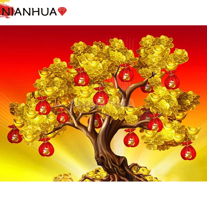 

Diamond Painting 5D DIY Landscape Fortune Tree Plant Ingot Square Round Handmade Mosaic Kit Photo Mural Home Decoration