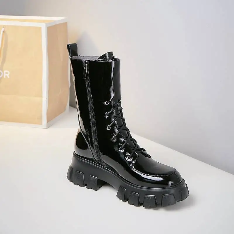 

krazing pot genuine leather round toe cross-tied thick bottom rivets fasteners waterproof daily wear buckle mid-calf boots L32