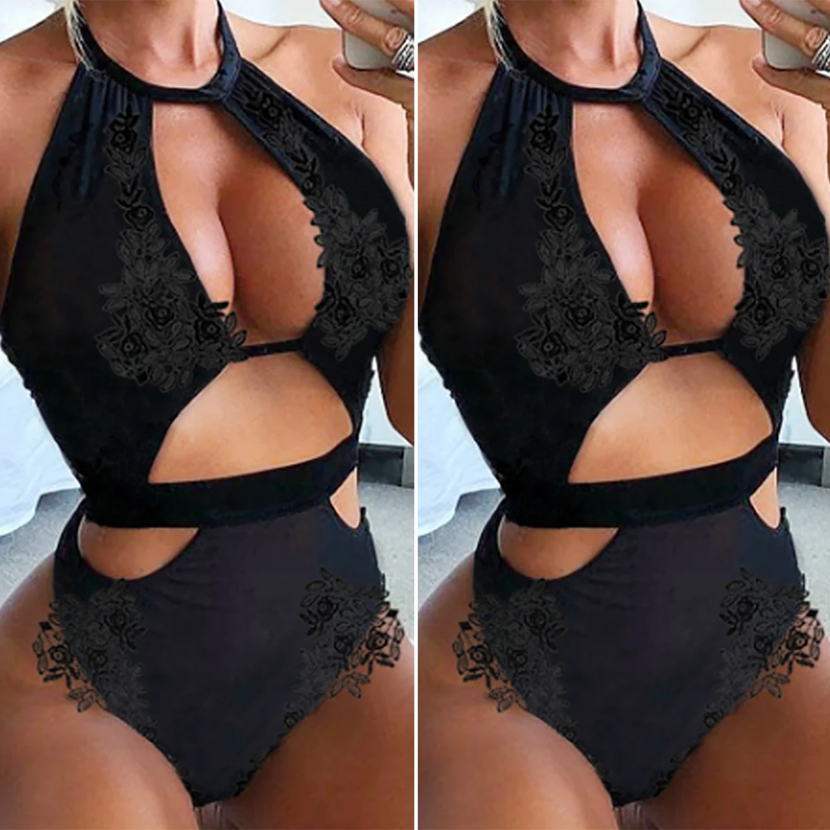 

Women Sexy Black Halter Floral Embroidery Jumpsuit Hollow Out Bodycon Bodysuit See Through Erotic Lingerie