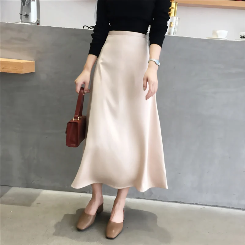 Saias de Cintura Elegante Saia Senhoras Brilhante Cetim Plain Moda Festa Escritório Saias Sólido Alta ol