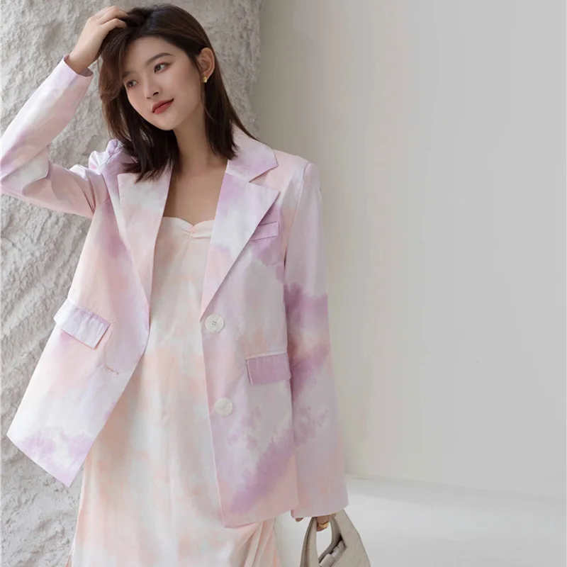 

Dye Women Tie Printed Temperament Blazer New Lapel Long Sleeve Loose Fit Jacket Fashion Tide Spring Autumn 2021 1DD0011