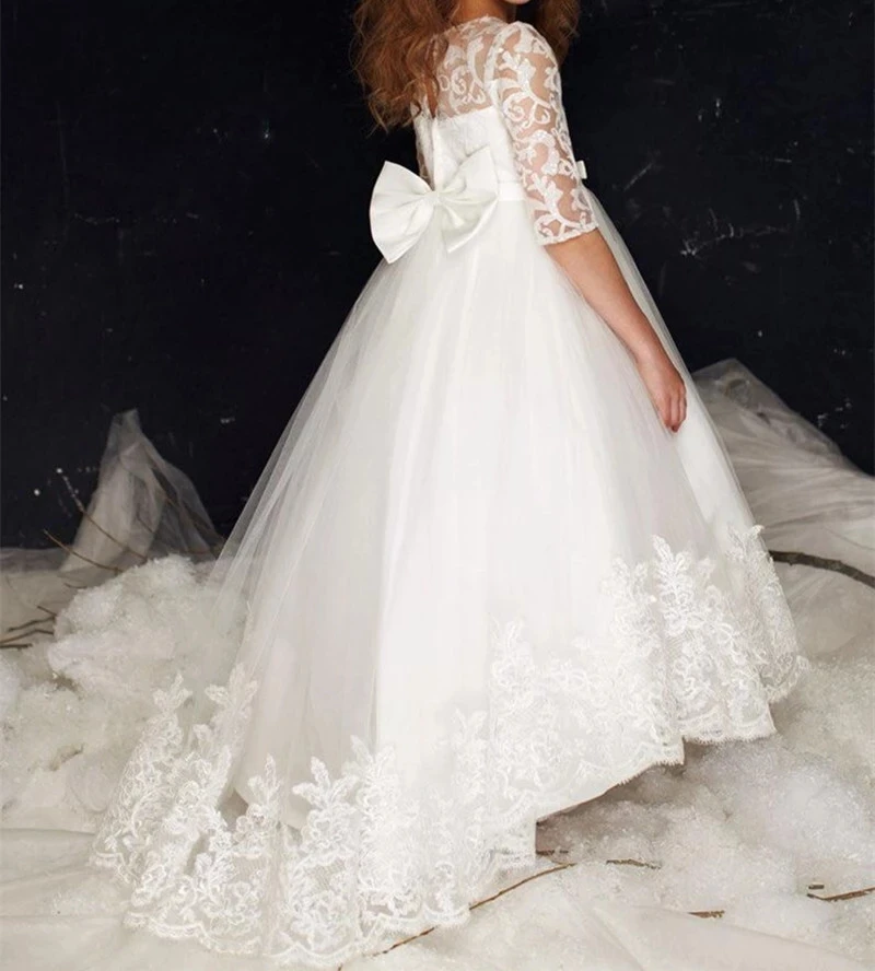

White First Communion Dress for Girls Half Sleeve Flower Girl Dresses Lace Holy Party Birthday Gown