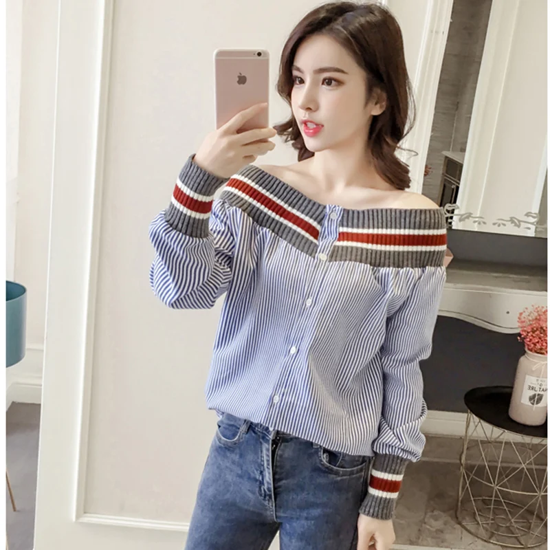 Весна-Осень 2020 женская трикотажная полосатая рубашка с круглым вырезом и