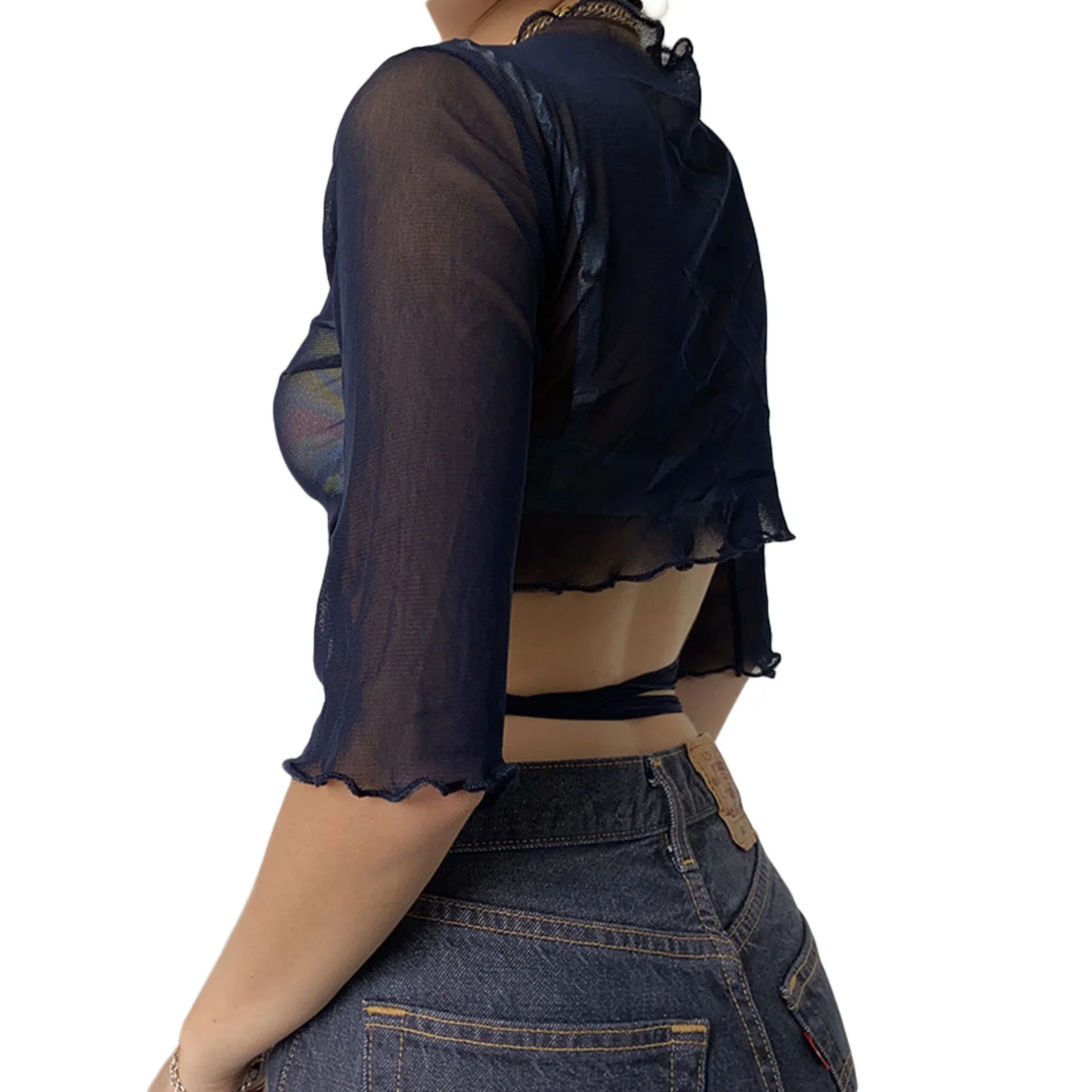 

hirigin 2021 New Women See-through Mesh Cardigan Adults Tie-up Solid Color Half Sleeve V-neck Lettuce Trim Crop Tops