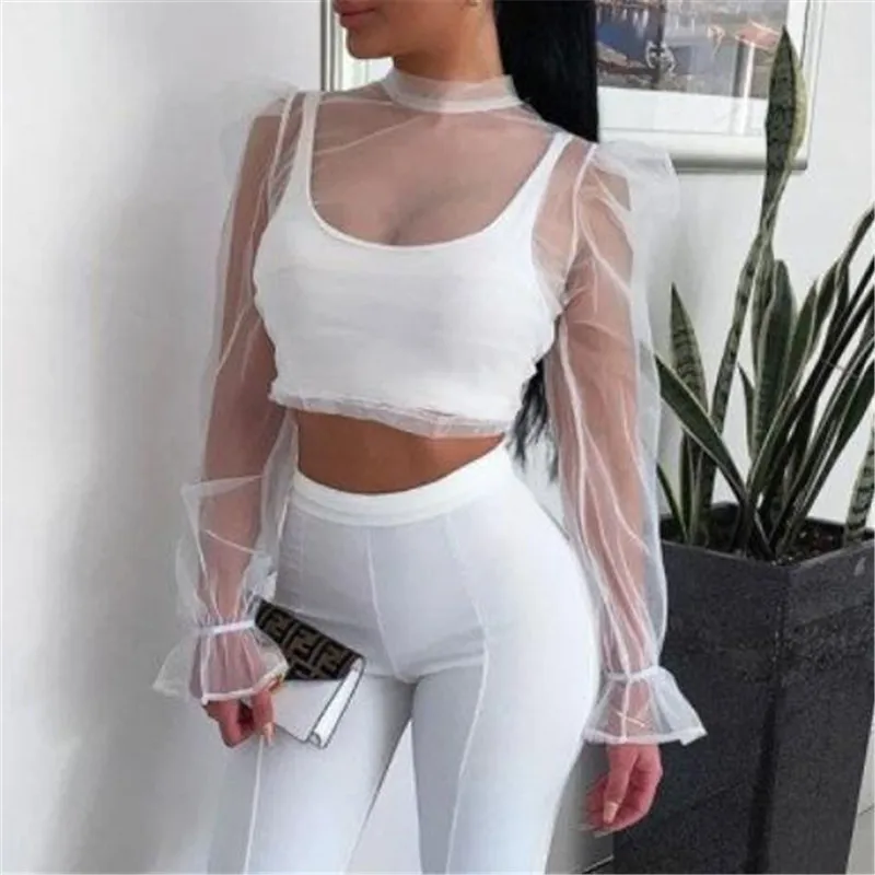 Женские прозрачные блузки новинка топы с длинными рукавами-фонариками из