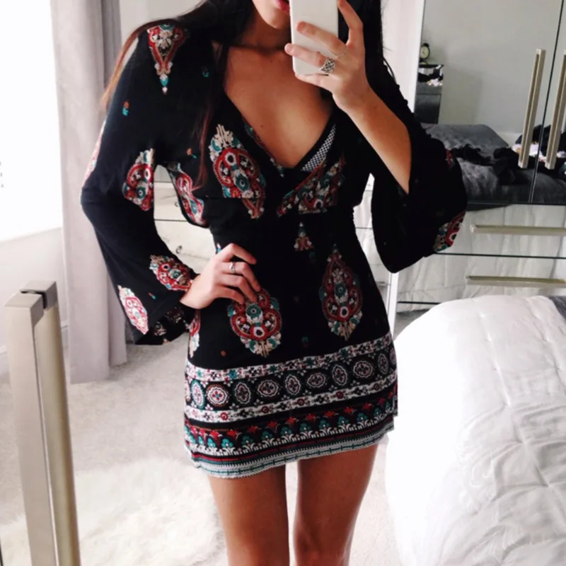 

Lugentolo Long Sleeve Dress Women Sexy V-neck Empire Long Flare Sleeve Fashion Print Slim A-Line Female Mini Dress