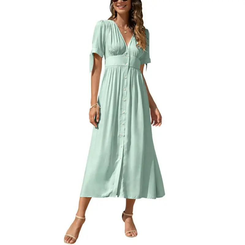 

Dress for Women V-neck Long Dress Solid Color Ladies Vestidos Holiday Party Casual Beach Dress High Waist Summer Dress