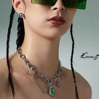 lmmcjj vintage green gemstone necklace exaggerated pearl water drop pearl pendant clavicle chain for women cool punk y2k jewelry