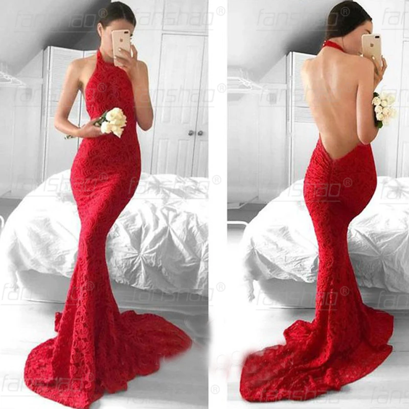 

Fanshao Hot Red Evening Dresses Halter Mermaid Backless Sleevless Lace Special Occasion Dubai Saudi Arabic Prom Gown