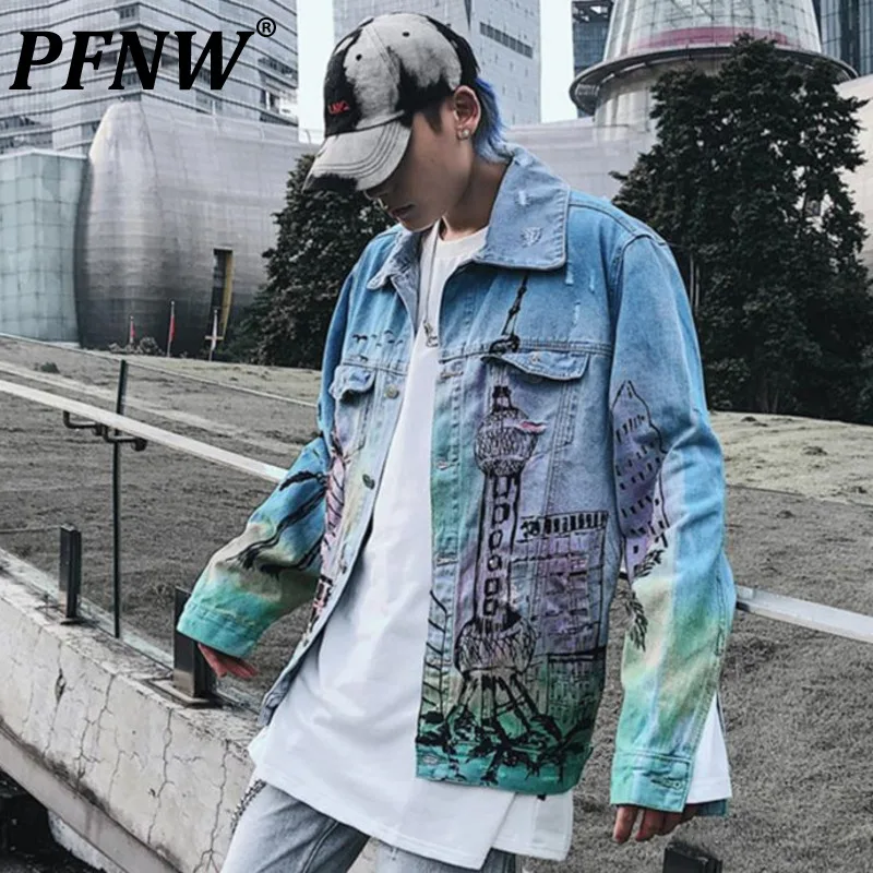 

PFNW Vintage Denim Jacket Men's Graffiti Hole Hip Hop Jeans Jackets Streetwear Fashion 2021 Creative Printing Rock Clothes X1069
