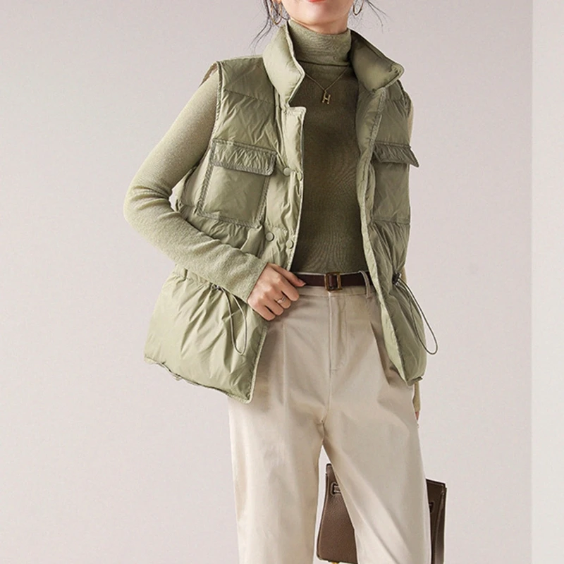 

Women Winter Padded Buttons Vest Drawstring Waist Stand Collar Sleeveless Jacket