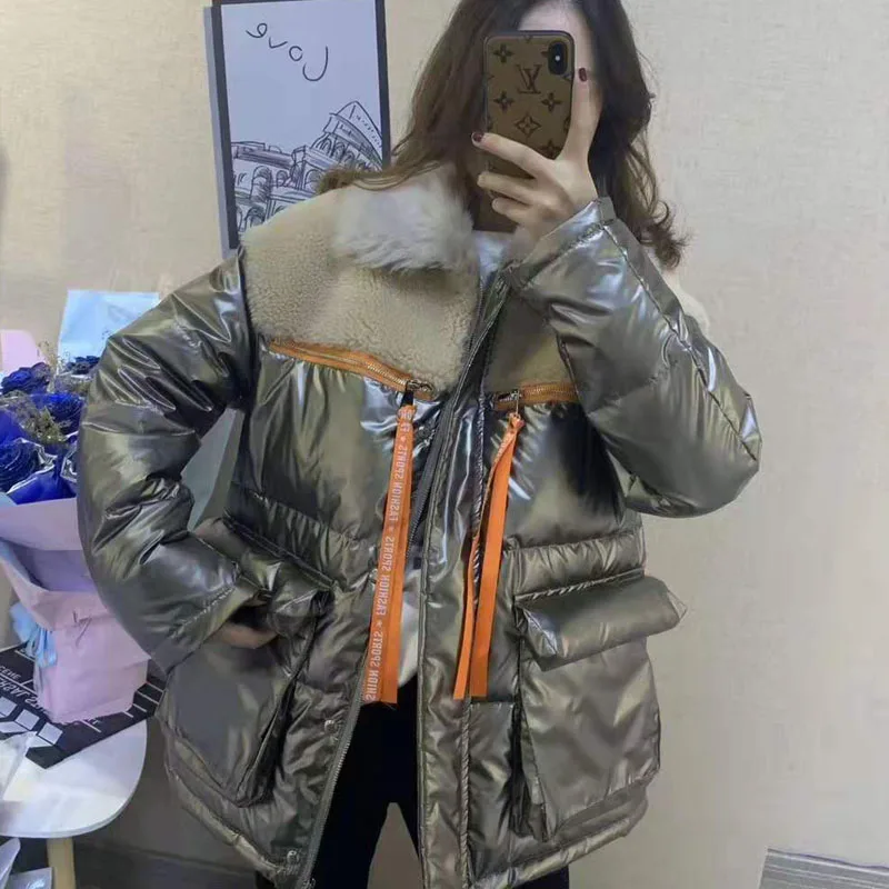 

women 100% real wool coat winter 2021 new fashion patchwork style down jacket turn-down collar parka letter pattern behind coat