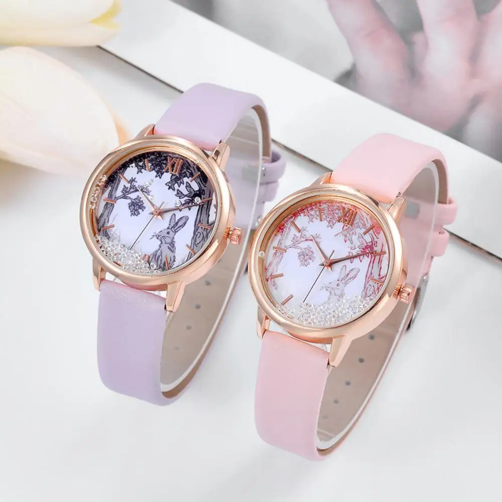 

Luxury Rhinestones Women Watches Fashion Rabbit Pattern Dial Design Ladies Wristwatches Qualities Female Quartz Leather Watch