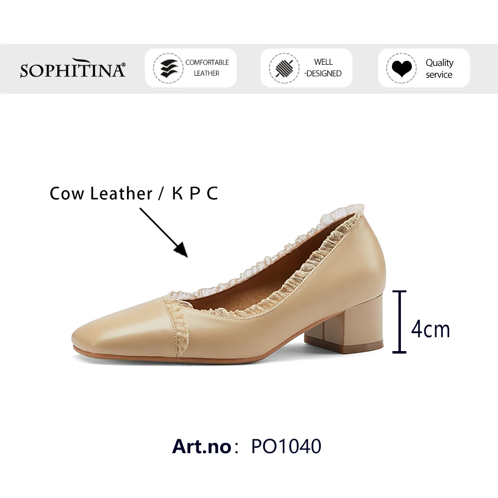 

SOPHITINA Pumps Woman Concise Style Solid Genuine Leather Shallow Ruffles Square Toe Med Square Heel Office Lady Shoes PO1040