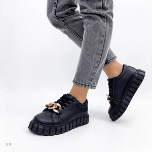2021 Trend Women Punk Style Flat Platform Shoes Black Leather Chain Decoration Round Toe Thick Sole 
