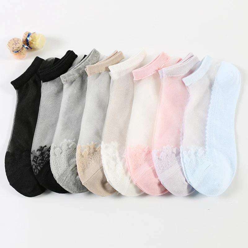 

1 Pair Women Boat Socks Short Sock Crystal Transparent Lace Embroidery Ankle Socks Sock Slipper Invisible Socks TOA