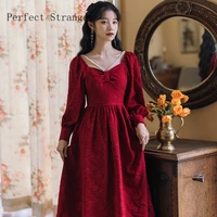 poinsettia 2021 autumn new arrival french vintage long sleeve women long dress red birthday dress for women