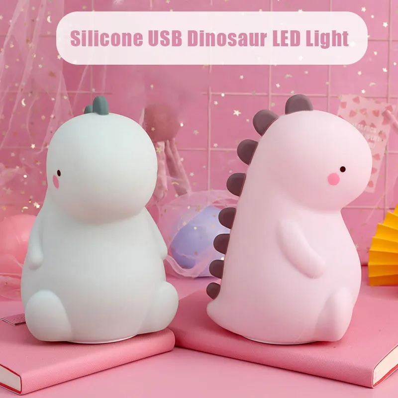 

New Cartoon Dinosaur LED Lamp Silicone Bedside Reading Lamp Tap to Change Light Color USB Rechargeable NE