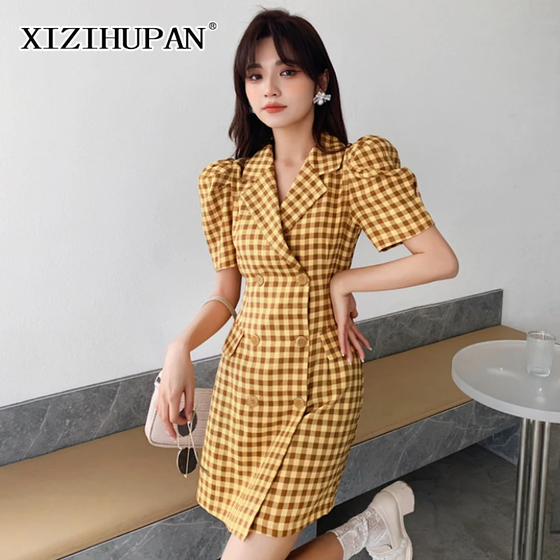 

XIZIHUPAN Vintage Plaid Dress For Women Notched Puff Short Sleeve High Waist A Line Mini Dresses Female 2021 Summer Fashion Tide