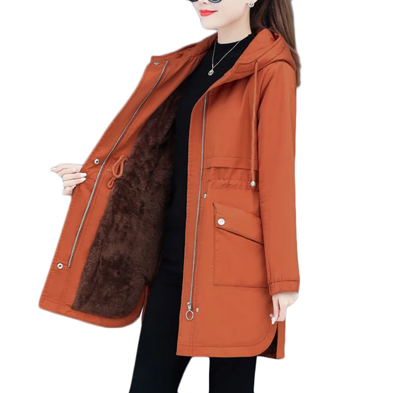 

Winter Plus Velvet Warm Windbreaker 2021 New Autumn Women Long Trench Coat Casual Plus Size Office Womens Hooded Parkas Mujer