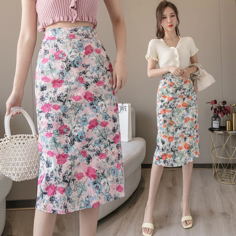

Women's Skirt 2021 Spring Summer New A-Line Knee Length High Waist Split Female Elegant Floral Wrap Skirt Outer Wear