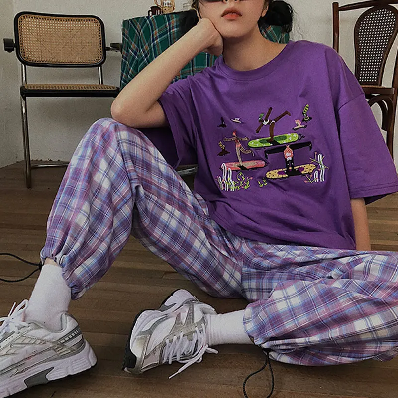 

Straight Wide Leg Pant Sweatpants Jogger Clothes Pantalones Siz Harajuku Simple Vintage Plaid Long Women Pants Street Fashion