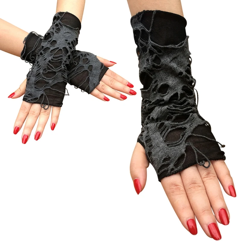 

Gothic Punk Rock Black Fingerless Gloves Hollow Out Distressed Halloween Mittens F42F