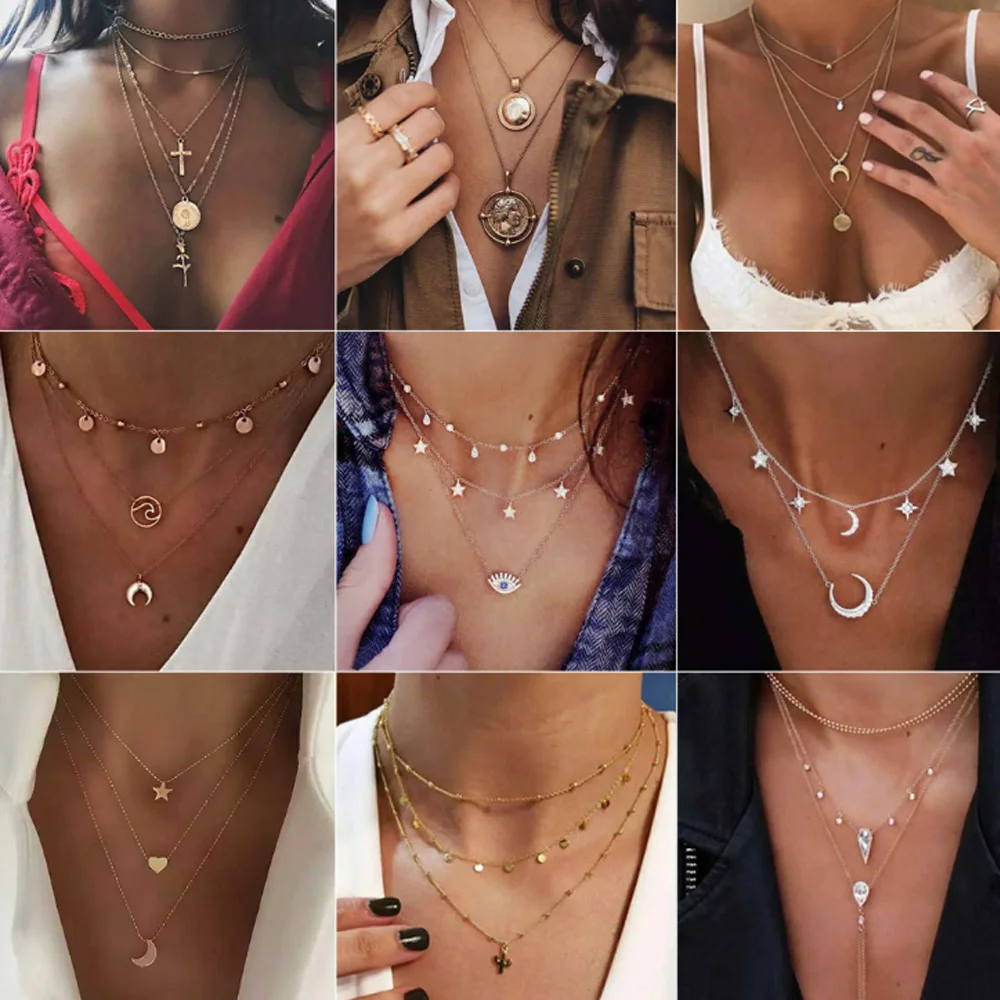 Новое многослойное ожерелье с подвеской Луна Звезда Крест ожерелья для женщин
