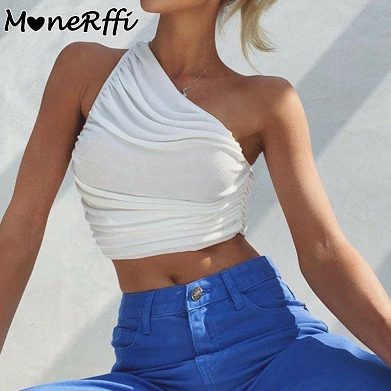 

MoneRffi One Shoulder Crop Top Women Sexy Sleeveless Ruched Tank Top Summer White Black Blue Orange Short Tanks Camis Streetwear