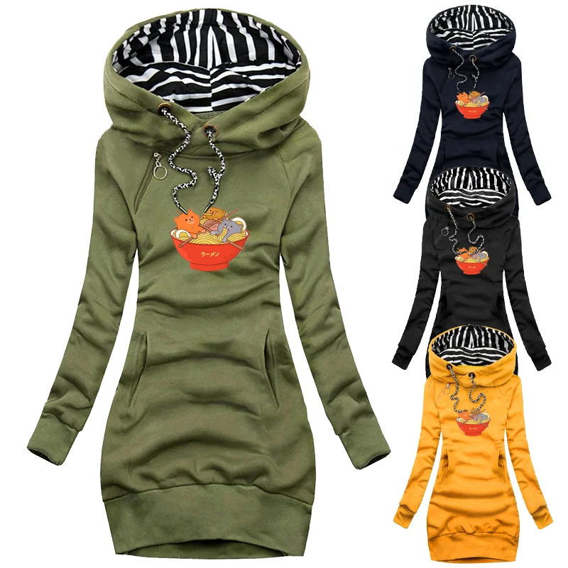 

2021 New Women Dresses Casual Long Sleeve Printed Pencil Dress Autumn Winter Fleece Hooded O-Neck Party Dresses Slim Hips Dress