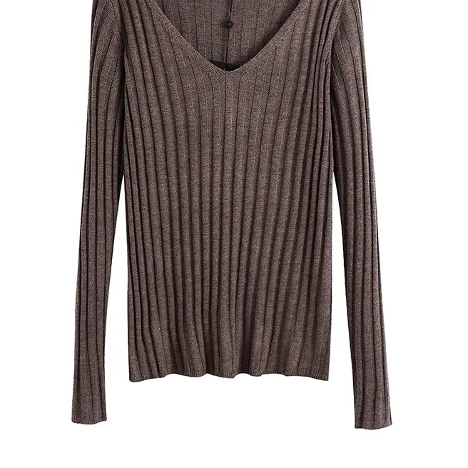 

2021 Women Sweater New Slim-fit Stretch Vertical Pit Strip V-neck Solid Color Sweater