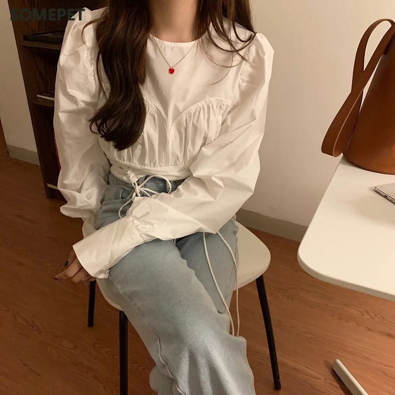 

Drawstring Waist Stitching Fake Two-piece Shirt Women Loose Shirts New Autumn Korean Puff Sleeve Blouse Tops